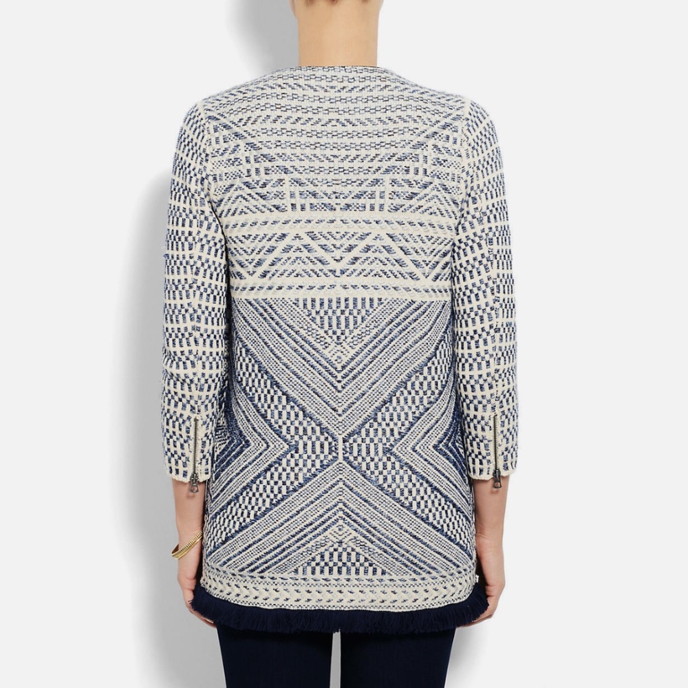 Lucky Brand Open Front Cardigan Women Medium Blue Cream Woven Fringe Aztec - Picture 2 of 16